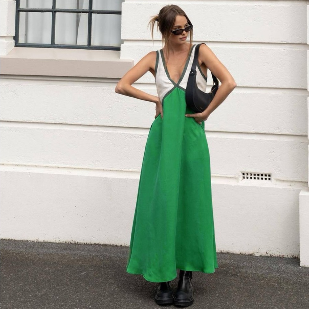 Green and White Color Block Maxi Dress